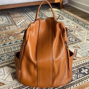 Genuine leather brown convertible backpack anti-theft